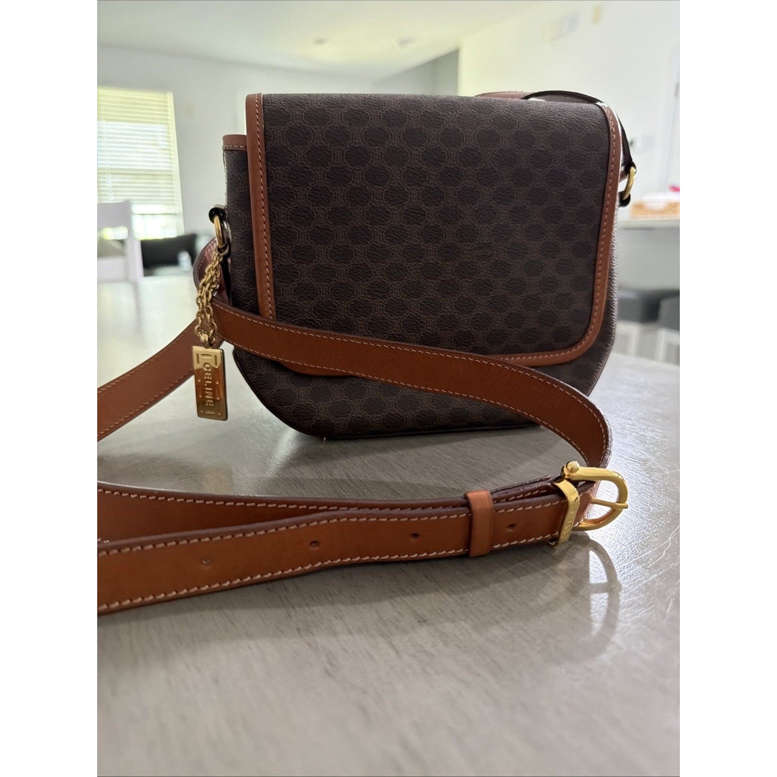 Celine Macadam Canvas Shoulder Bag Pvc Leather Brown Gold Authentic